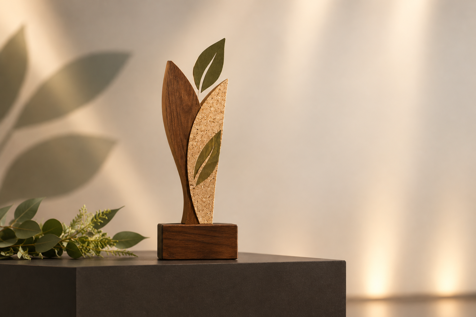 Troféu ecológico em madeira e folhas